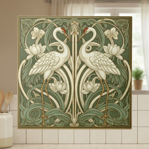 Azulejo De Cerâmica Duas Grous Art Nouveau Pat#10 Oliva Marfim ID1193
