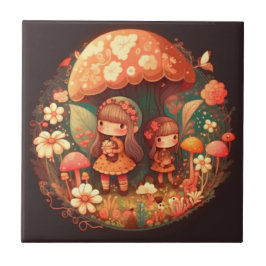 Azulejo De Cerâmica Duas meninas sob a decoração marrom cogumelo
