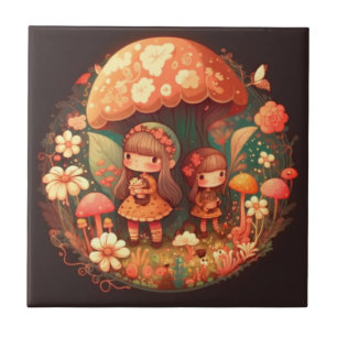 Azulejo De Cerâmica Duas meninas sob a decoração marrom cogumelo