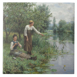 Azulejo De Cerâmica Duas mulheres pescando na grama pelo rio