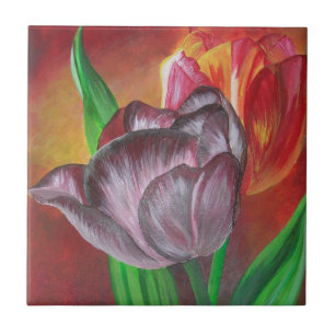 Azulejo De Cerâmica Duas Tulipas Contra Fundo Vermelho