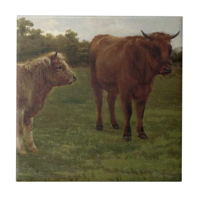 Azulejo De Cerâmica Duas vacas em campo (por Rosa Bonheur) (Frente)