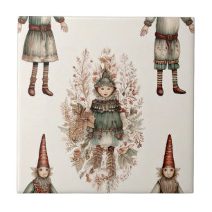 Azulejo De Cerâmica Duende de Natal Caprichoso Arte Popular Creme Verd
