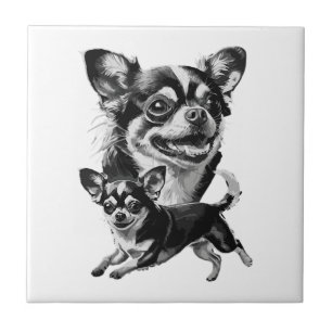 Azulejo De Cerâmica Duo de Chihuahua Encantador Pet Preto e Branco