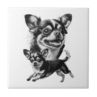 Azulejo De Cerâmica Duo de Chihuahua Encantador Pet Preto e Branco