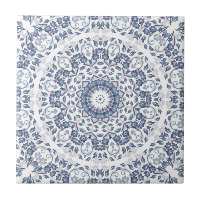 Azulejo De Cerâmica Dusty Blue Floral Mandala (Frente)