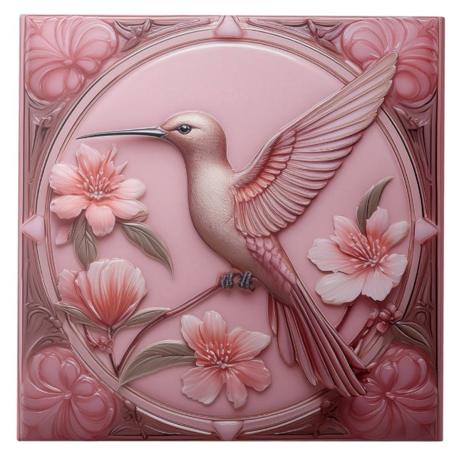 Azulejo De Cerâmica Dusty pink faux relief Art Nouveau Hummingbird L (Frente)