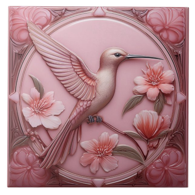 Azulejo De Cerâmica Dusty pink faux relief Art Nouveau Hummingbird R (Frente)
