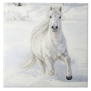 Azulejo De Cerâmica Dyfra o Cavalo Islandês Galopando na Neve