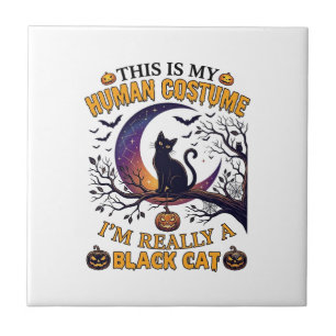 Azulejo De Cerâmica É Fantasia Humana Gato Preto Halloween Lua_1