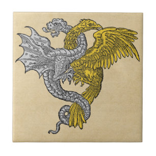 Azulejo De Cerâmica Eagle dourado e dragão de prata