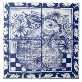 Azulejo De Cerâmica Easter Navy Blue White Bunny Rabbit Dedham Delft