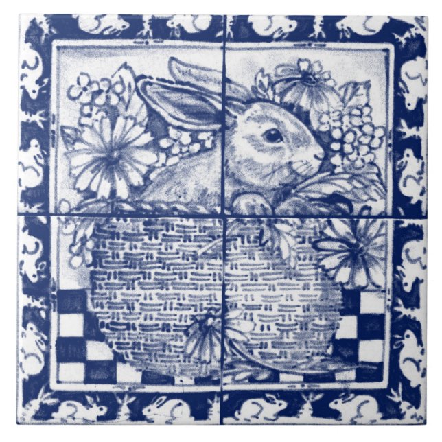 Azulejo De Cerâmica Easter Navy Blue White Bunny Rabbit Dedham Delft (Frente)