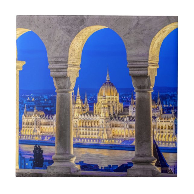 Azulejo De Cerâmica Edifício do Parlamento Húngaro ao Crepúsculo (Frente)
