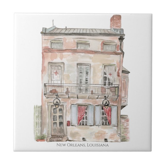 Azulejo De Cerâmica Edifício Histórico Nova Orleans Aquarela (Frente)