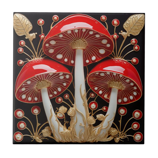 Azulejo De Cerâmica Efeito 3D do Cogumelo Vermelho Dourado Amanita Mus (Frente)