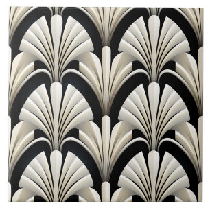 Azulejo De Cerâmica Efeito de Leque Art Déco de Marfim em Preto