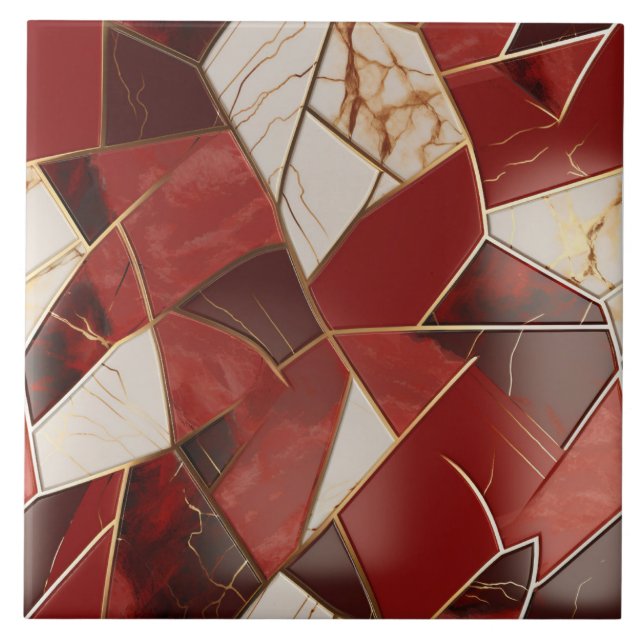 Azulejo De Cerâmica Efeito de Mármore Vermelho e Marfim em Patchwork (Frente)