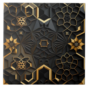 Azulejo De Cerâmica Efeito de Mosaico Floral Geométrico Preto e Dourad