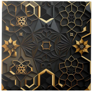 Azulejo De Cerâmica Efeito de Mosaico Floral Geométrico Preto e Dourad