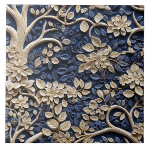 Azulejo De Cerâmica Efeito de Relevo de Árvore Floral Dourada e Azul