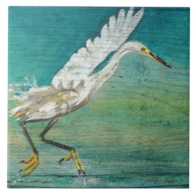 Azulejo De Cerâmica Egret Shorebird Beach House Art (Frente)