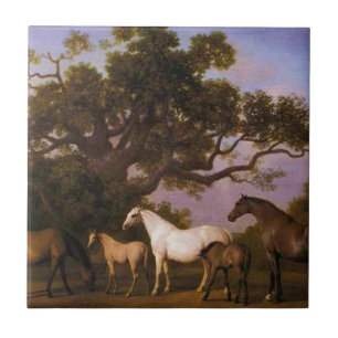 Azulejo De Cerâmica Éguas e potros sob um carvalho por George Stubbs