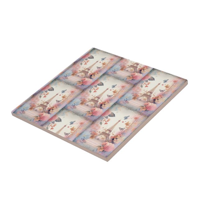 Azulejo De Cerâmica Eiffel Tower Butterflies and Flowers (Lateral)