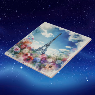 Azulejo De Cerâmica Eiffel Tower Paris Floral Watercolor