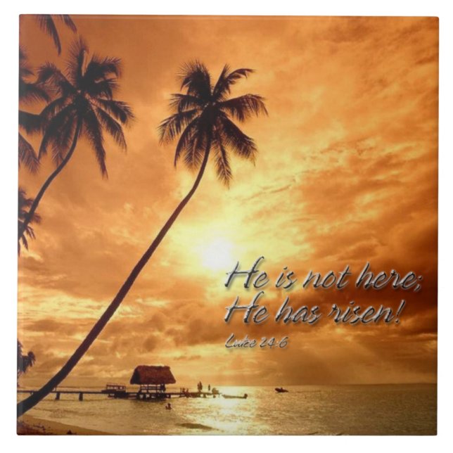 Azulejo De Cerâmica Ele não está aqui; ele levantou-se! Luke 24:6 Azul (Frente)