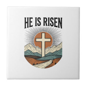 Azulejo De Cerâmica Ele Ressuscitou Cruz Nascer do Sol Camiseta Cristã