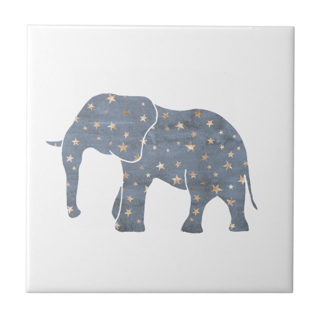 Azulejo De Cerâmica Elefante Azul com Estrelas Douradas (Frente)
