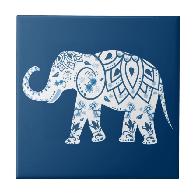 Azulejo De Cerâmica Elefante Azul Padrão do ornamentado (Frente)