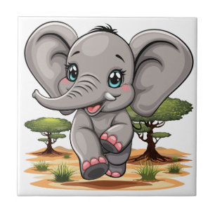 Azulejo De Cerâmica Elefante Bebê Pulando Feliz em Savana Africana