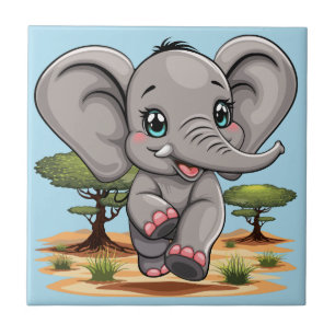 Azulejo De Cerâmica Elefante Bebê Pulando Feliz em Savana Africana