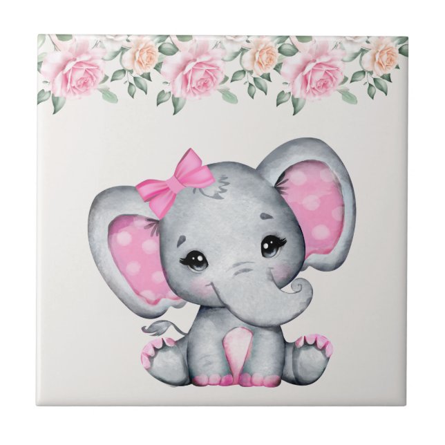 Azulejo De Cerâmica Elefante-bebê rosa-branca e borda-Rosa (Frente)