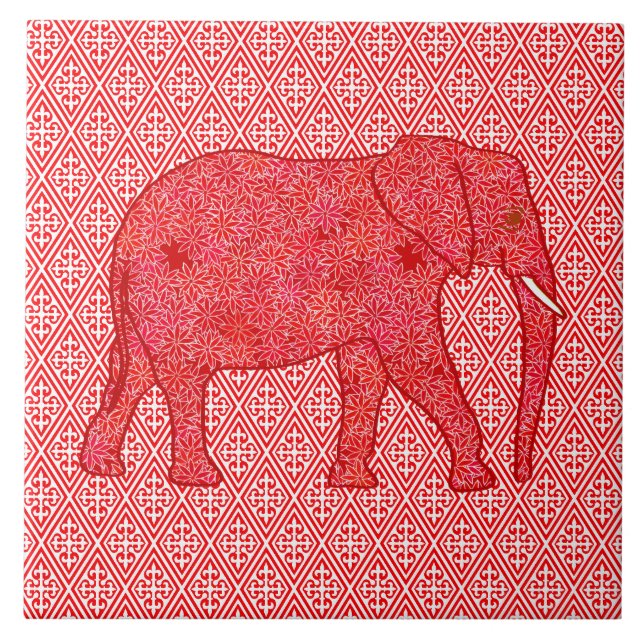 Azulejo De Cerâmica Elefante de flor - vermelho profundo e coral (Frente)