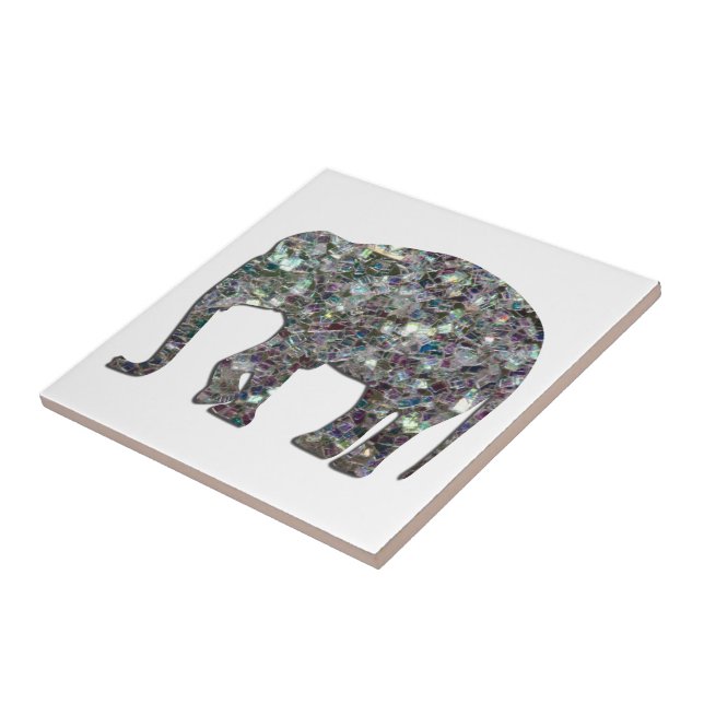 Azulejo De Cerâmica Elefante de mosaico prateado cintilante em branco (Lateral)