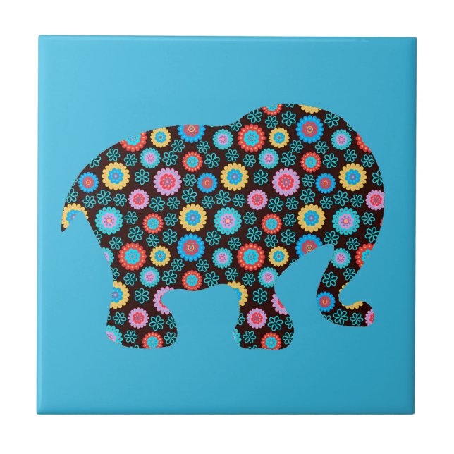 Azulejo De Cerâmica Elefante de padrão de flores em azul (Frente)