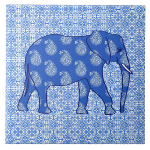 Azulejo De Cerâmica Elefante de Paisley - azuis cobaltos e branco