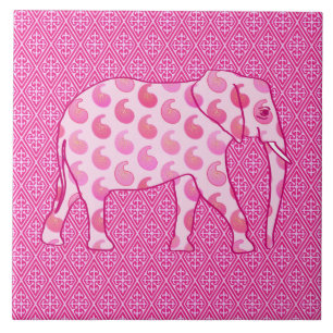 Azulejo De Cerâmica Elefante de Paisley - rosa-gelo e fuchsia