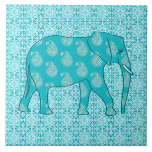 Azulejo De Cerâmica Elefante de Paisley - turquesa e aqua