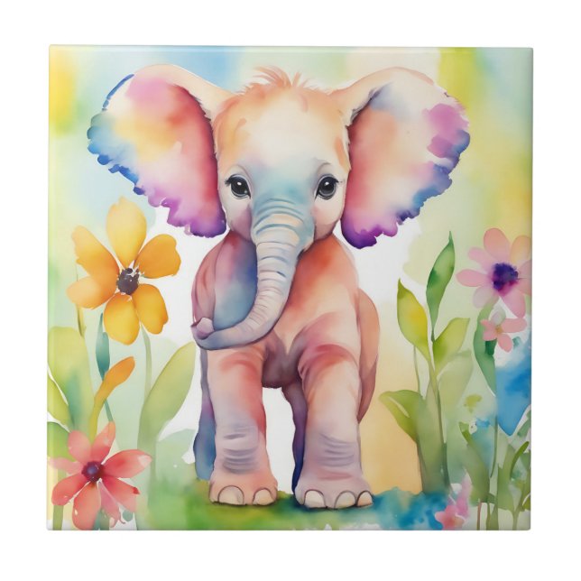 Azulejo De Cerâmica Elefante de Vida Selvagem de Aquarela (Frente)
