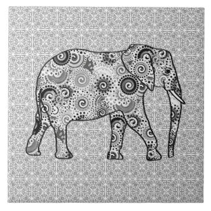 Azulejo De Cerâmica Elefante do redemoinho do Fractal - cinza, preto e