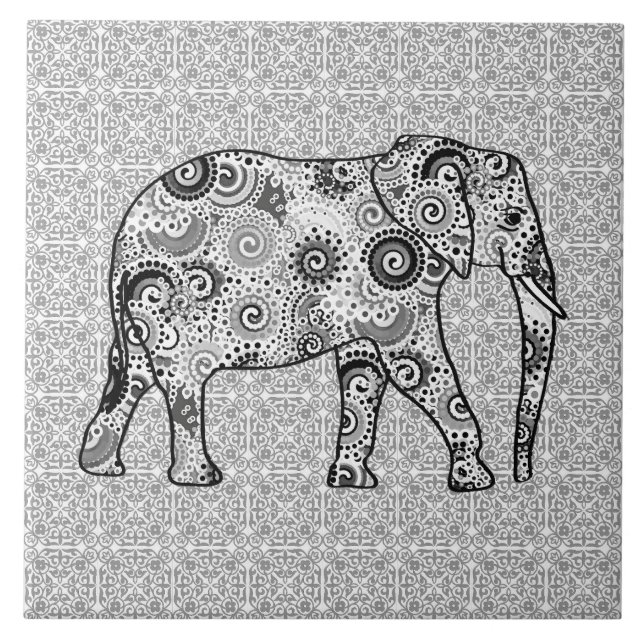 Azulejo De Cerâmica Elefante do redemoinho do Fractal - cinza, preto e (Frente)