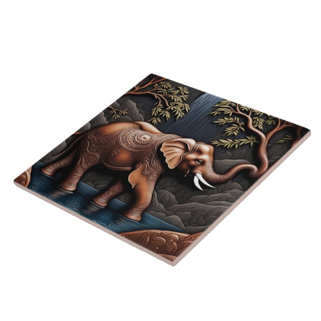 Azulejo De Cerâmica Elefante Elegante Em Cena De Caieira Tranquila (Lateral)