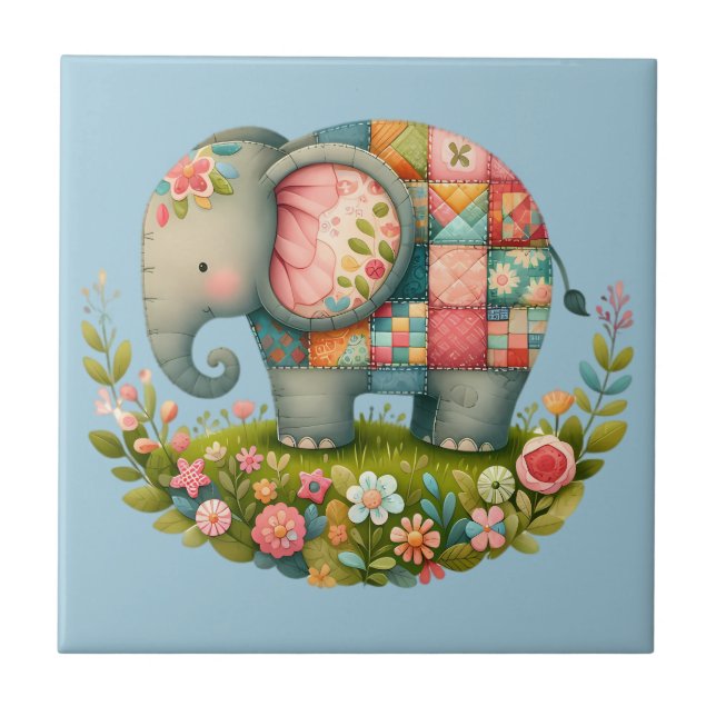 Azulejo De Cerâmica Elefante Floral de Retalhos em Prado Encantado (Frente)