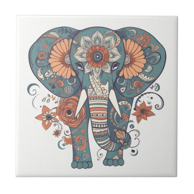 Azulejo De Cerâmica Elefante Floral do Boho Pattern (Frente)
