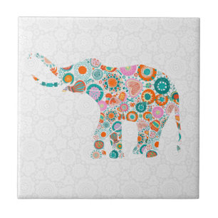 Azulejo De Cerâmica Elefante floral retro bonito colorido 4