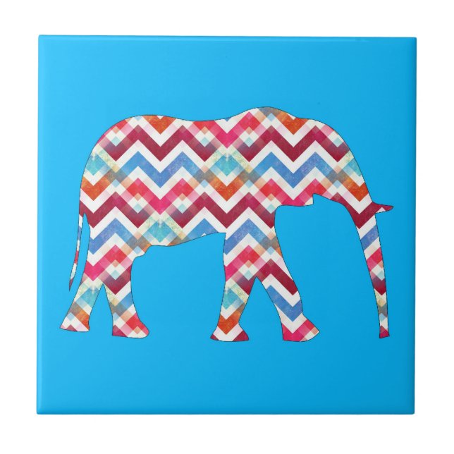 Azulejo De Cerâmica Elefante Funky de Chevron do ziguezague no azul da (Frente)